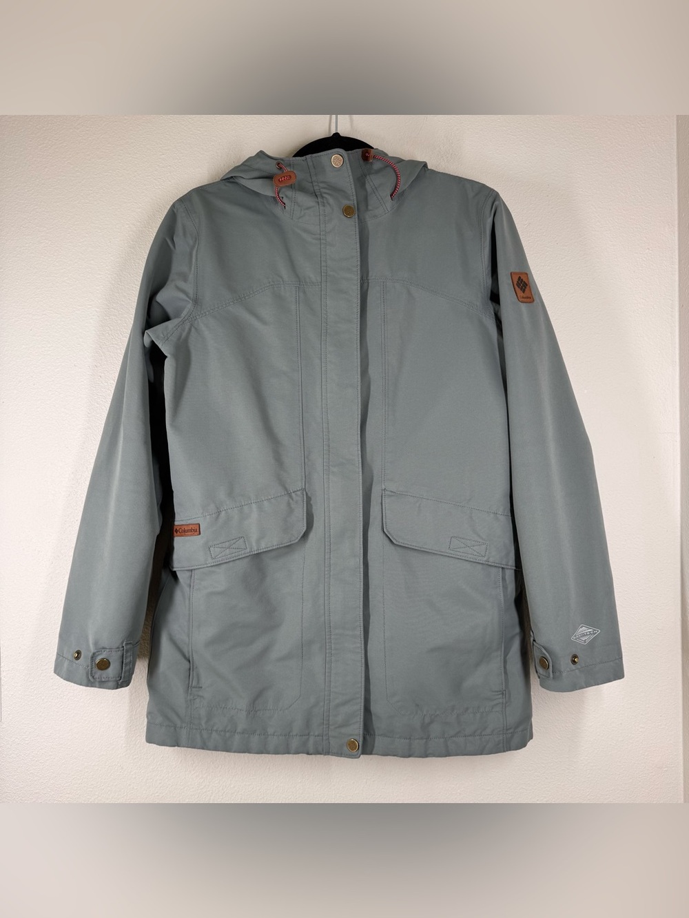 Columbia Rain Jacket Long Line Blue Gray Pockets Camo Lined Hood Women’s Medium
